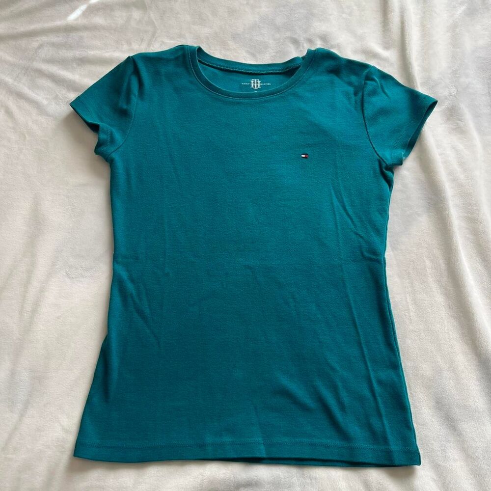 Tommy Hilfiger slim-fit logo teal cap sleeve tee tshirt 100% cotton size small